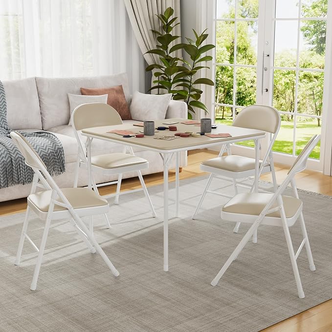 VECELO 5-Piece Folding Card Table Square and Chair Set with Collapsible Legs & Vinyl Upholstery,Portable for Indoor & Outdoor, Beige