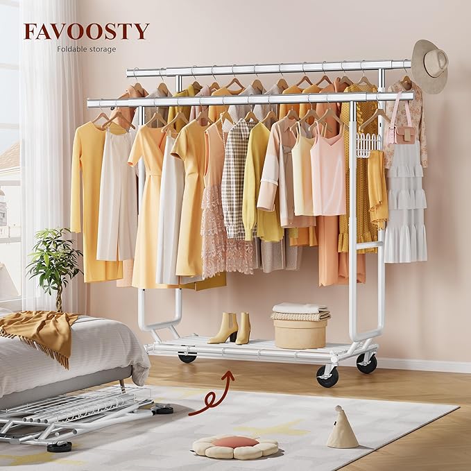 FAVOOSTY Heavy Duty Clothes Rack for Hanging Clothes with Double Rods, Rolling & Extending Clothing Rack with Wheels, Garment Coat Rack Freestanding, Portable, White