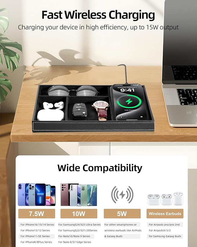 Valet Tray with Wireless Charger, Nightstand Organizer for Men, EDC Catchall Tray for Keys, Watch, Wallet, Jewellery, Premium Vegan Leather, Bedside Caddy, Stylish and Organized, Black