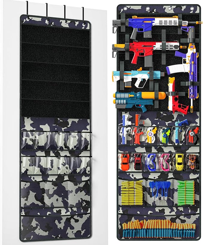 Over The Door Organizer for Toy Guns, Toy Storage, Toys Organizer with Pockets, Hook&Loop Straps for Foam Blasters, Darts, Goggles, Hanging Toys Gun Storage for Kid Rooms, Play rooms, Camouflage