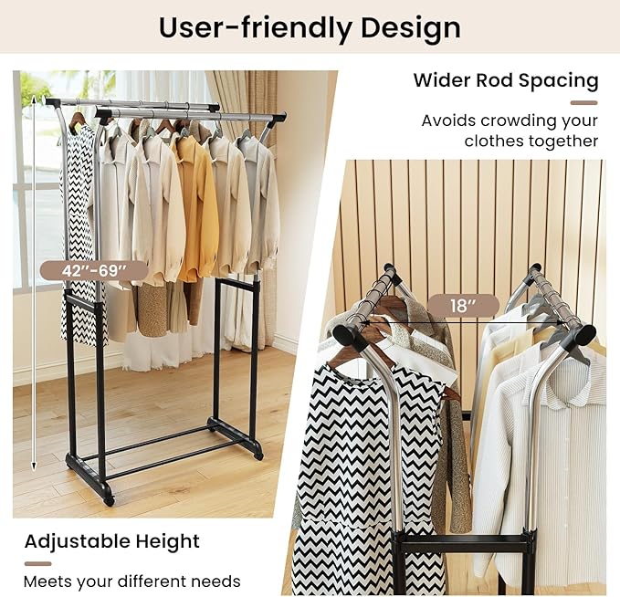 Giantex Double Rod Clothing Rack, Portable Garment Clothes Rack with Adjustable Height & Wheels, Heavy-Duty Metal Rolling Wardrobe Rack for Bedroom, Laundry, Dressing Room