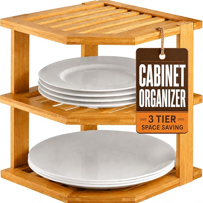 Bambüsi Plate Organizer for Cabinet - 3 Tier Bamboo Corner Cabinet Organizer Shelf for Plates Bowls Mugs Cups, Kitchen Cabinet Organizer, Cabinet Shelf Organizer, Countertop Rack, 10 x 10 x 9.5 Inch