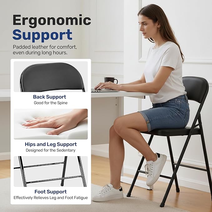 Simple Deluxe 6 Pack Folding Chairs with Leather Padded Cushion Seats & Durable Metal Frame, Comfortable, Foldable, Portable, Commercial Event Seat, Indoor Outdoor for Parties, Home, Office, Black