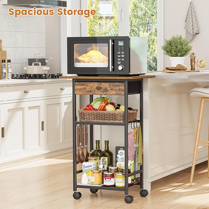 Microwave Cart, 4-Tier Microwave Stand with Adjustable Shelf, Kitchen Storage Cart on Wheels, Coffee Bar Cart Shelf for Living Room, Kitchen Island, Office, Balcony, Rustic Brown