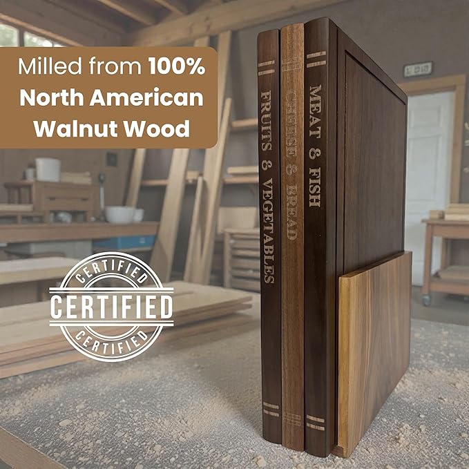 The Cutting Board Library™ | Original Design North American Walnut Wood Decorative Kitchen Display Boards (Set of 3) with Stand | Premium Countertop Serving & Styling Collection