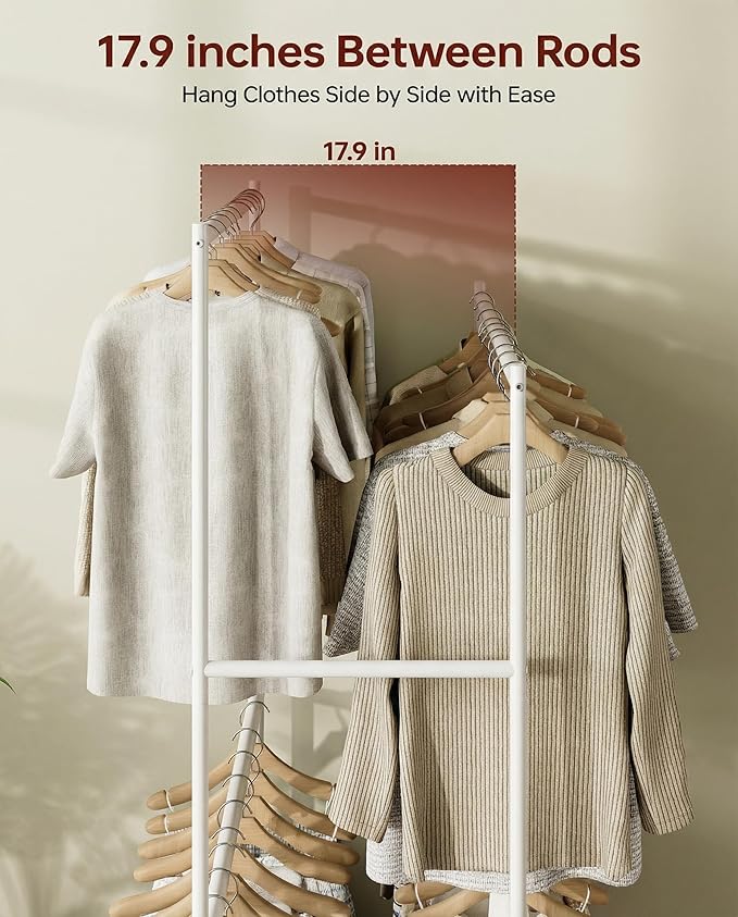 Clothes Rack 36.2" x 21.3" x 72", 4-Bar Double Rod Rolling Metal Clothing Rack for Hanging Clothes, Portable Garment Rack with Wheels for Bedroom Laundry, Closet Wardrobe, White