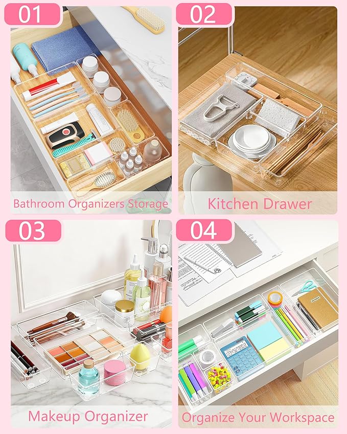 13 Pcs Makeup Drawer Organizer Set, 5 Sizes Versatile Vanity Drawer Organizer for Makeup, Non-Slip Desk Organizer Trays for Bathroom, Bedroom, Office, Fits Jewelry and Office Supplies