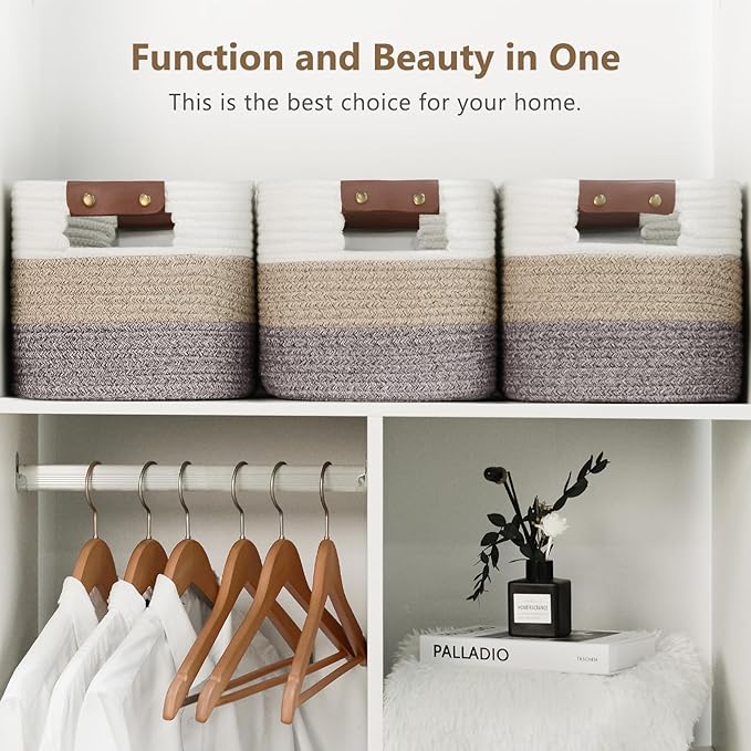 ECDYQXVU Cotton Rope Basket, Storage Baskets with Handle, 15x10x9 Inch Woven Basket for Shelves, Laundry, Towels, Clothes, Books (Gradient Brown 3 Pack)