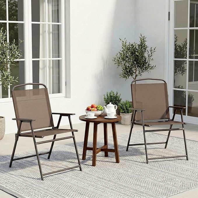 TLSUNNY Patio Folding Chairs Set of 2, Portable Dining Lawn Chairs, Outdoor Folded Furniture W/Breathable Textilene & Steel Frame, Armrests & Crossbar, All Weather for Pool, Camping (2, Brown)