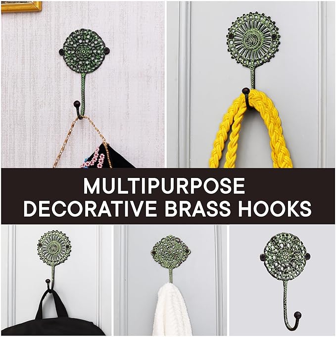 Indian Shelf 33 Lb. 3 Pack Brass Antique Wall Hooks Vintage Farmhouse Style Decorative Coat Rack for Hanging Clothes and Accessories Wall Mounted Hooks