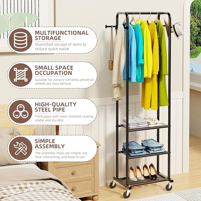 Ekisemio Heavy Duty Clothing Rack with Wheels, Modern Garment Rack with 3 Metal Shelves, Black
