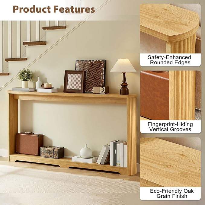 70" Extra Long Narrow Console Table, Fluted-Side Sofa Table with Open Shelf, Entryway/Hallway/Living Room Console – Natural