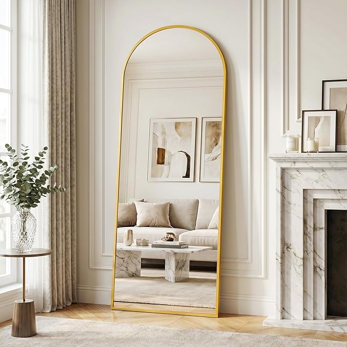 Full Length Mirror, 58"x21" Arched Floor Mirror Freestanding, Floor Standing Full Body Mirror with Stand for Bedroom, Hanging Mounted for Living Room Cloakroom, Gold