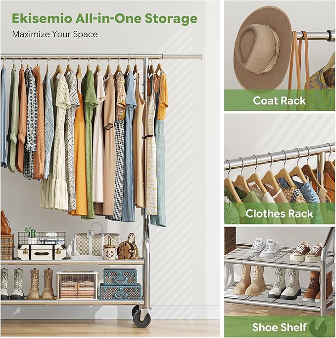 Ekisemio Heavy Duty Clothes Rack Load 650 LBS, Rolling Clothing Rack with Shelves, Metal Garment Rack for Bedroom, Laundry Room, Retail Store, Chrome