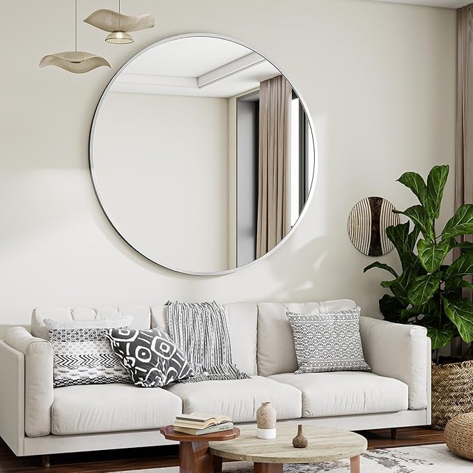 VooBang Black Round Bathroom Mirror, 42 inch Large Circle Wall Mounted Hanging Mirror with Simple Modern Circular Metal Frame for Hallway, Entryway, Living Room, Silver Frame