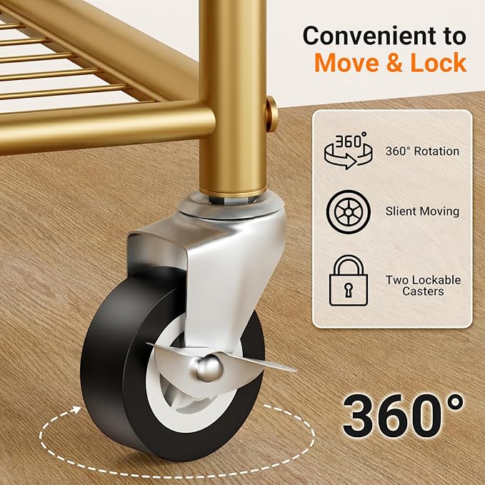 AOODA Small Clothes Rack with Shelves, Metal Sturdy Rolling Clothing Racks for Hanging Clothes, Portable Garment Rack with Wheels for Shirts, Coats, Shoes, Bags (Gold)