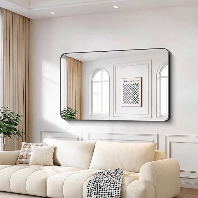FORBATH Large Bathroom Mirror 60x36 Inches, Black Oversized Wall Mirror for 2 Sinks Aluminum Frame Wall Mounted Rounded Corner Morndern Mirror for Bathroom Bedroom Entryway Living Room