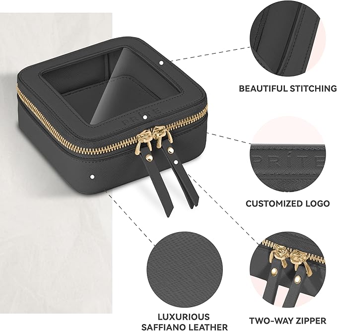 Prite Mini Clear Makeup Bag for Purse Cute Small Travel Cosmetic Bag for Women Waterproof Toiletry Bag Leather Makeup Pouch with Gold Zipper(Black)