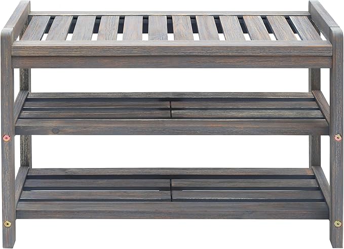27-Inch Wooden Shoe Bench for Entryway, 3-Tier Storage Organizer, Rustic Shoe Rack Bench for Narrow Spaces, Brush Grey