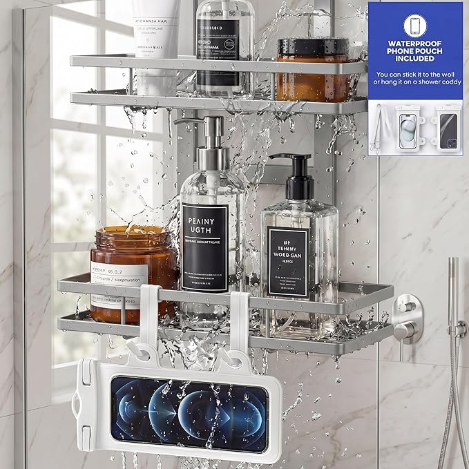 Over the Door Shower Caddy Hanging, Rustproof Shower Shelves with Waterproof Phone Pouch, Adjustable Bathroom Organizers and Storage, No Drilling Shampoo Soap Shelf (Silver 3-Tier)