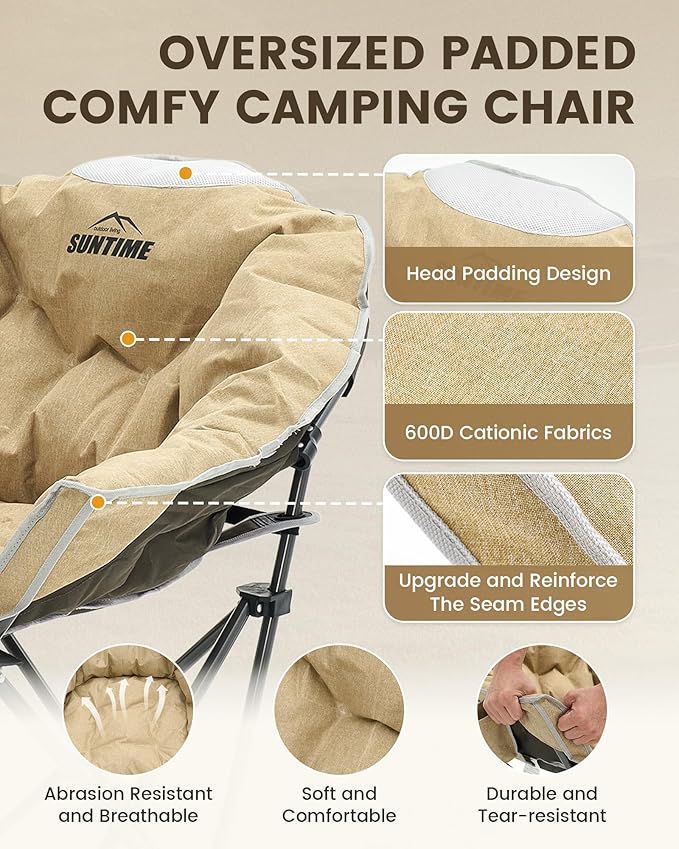 Upgrade Oversized Padded Camping Chair with Adjustable Cup Holder,Weight Capacity 400 LBS,Built-in Comfy Foam Armrest Supports,Heavy Duty Moon Leisure Folding Chair for Camping, Beige(2 Pack)