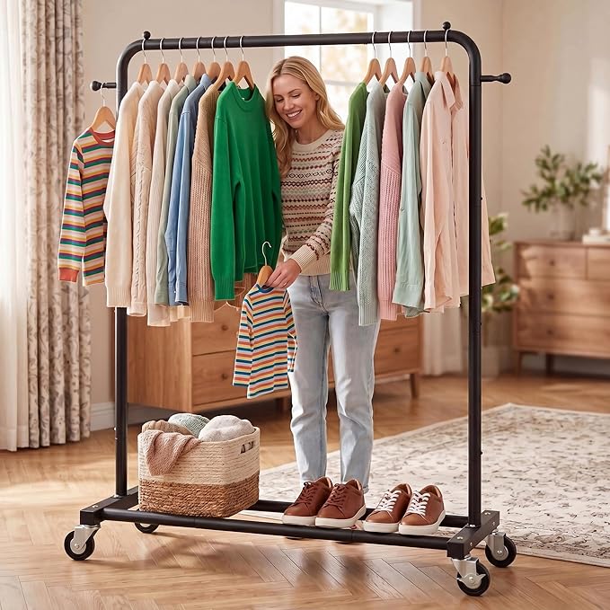 Sywhitta Clothing Rack on Wheels with Storage Shelf & Sturdy Metal Frame, Retail Clothing Rack for Hanging Clothes, Coats, Skirts,Space-Saving Mobile Organizer for Closet, Bedroom, Laundry Room, Black