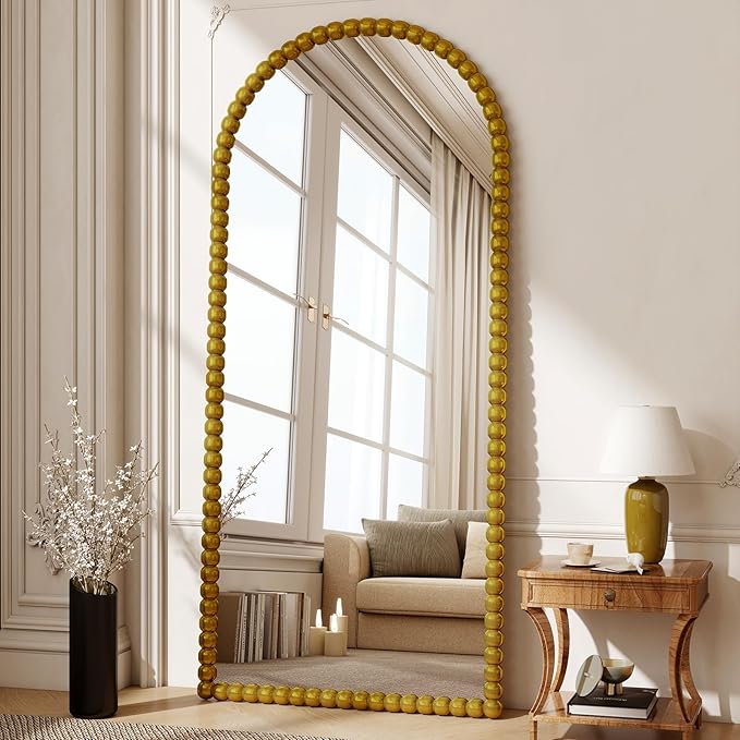 34"x76" Gold Arched Full Length Mirror, Vintage Beaded Decorative Floor Full Body Dressing Mirror as Room Decor Hanging Leaning Standing for Living Room, Bedroom, Vanity Area