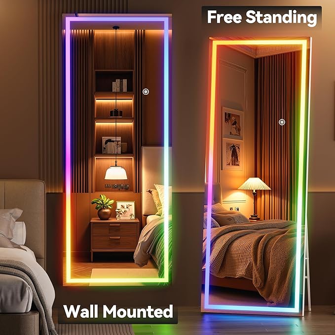 Hasipu 81"x33" LED RGB Bluetooth Home Gym Mirror Full Length with Lights, Wall Mount & Free Standing Full Body Mirror for Bedroom Workout Yoga, Detachable Stand, 7 Color & Brightness Adjustable