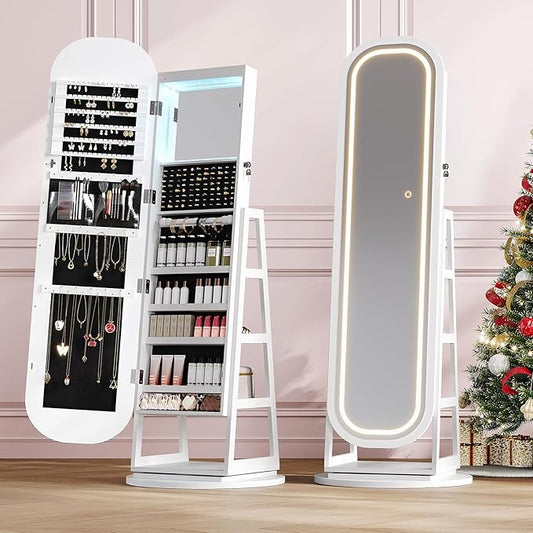 360° Swivel Jewelry Mirror Cabinet with Lights, Inside Makeup Mirror, Standing Jewelry Armoire Organizer, Rotatable Full-Length Mirror with Jewelry Storage, Lockable with Back Storage Shelves (White)