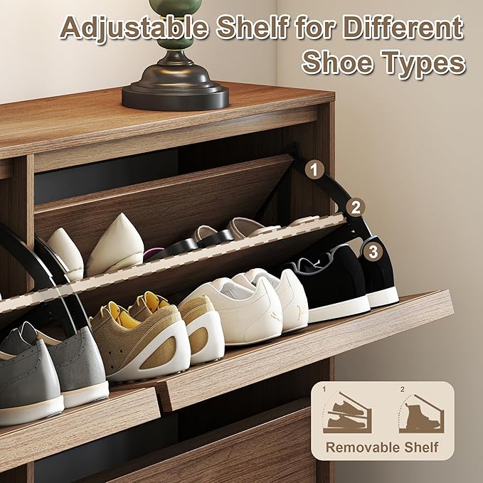 Shoe Cabinet with 4 Flip Drawers, Modern Narrow Shoe Storage Cabinet Organizer with Adjustable Shelf, Hidden Freestanding Shoe Rack for Entryway, Hallway, Living Room, Walnut