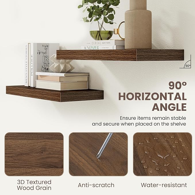 24 Inch Floating Shelves for Wall Decor,9.3" Deep Floating Shelf Wall Book Shelves,Large Display Storage Shelf,Wall Mounted Shelves with Invisible Bracket for Living Room,Bedroom,Bathroom,Walnut