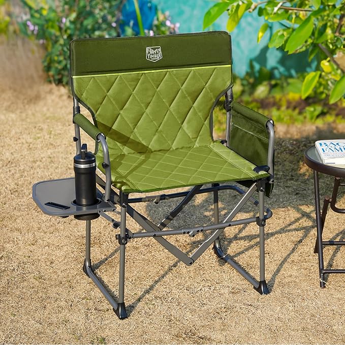 Timber Ridge Aluminum Camping Directors Chair with Side Table Pocket, Portable Folding Chair, Heavy Duty Lawn Chair for Fishing Trip Picnic Concert Outdoor 400lbs, Green