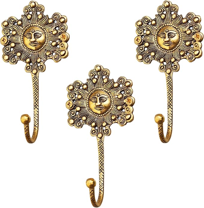 Indian Shelf 33Lb. 3 Pieces Decorative Gold Sunflower Hooks Brass Wall Key Holder Vintage Golden Home Decor Sun Wall Coat Hook