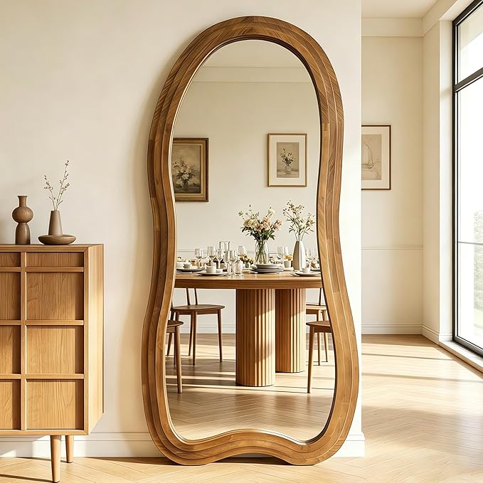 Large Irregular Floor Mirror, 67"x31.5" Organic Shaped Mirrors with Triple-Layer Solid Wood Frame, Asymmetrical Full Length Mirror for Entryway Living Room Bedroom Hallway, Leaning/Hanging
