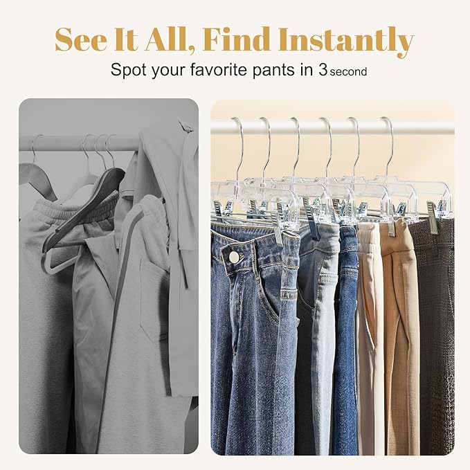 HOUSE DAY 200 Pack Pants Hangers with Adjustable Clips and 360° Swivel Hook, Non-Slip Clear Plastic Skirt Hangers for Pants, Jeans, Skirts, Trousers, Bulk Hangers for Closet Organization