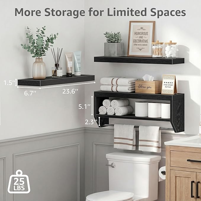 QEEIG Bathroom Floating Shelves for Wall - Shelf Over Toilet Paper Storage Farmhouse 24 inch Set of 3, Black (028-60B3)