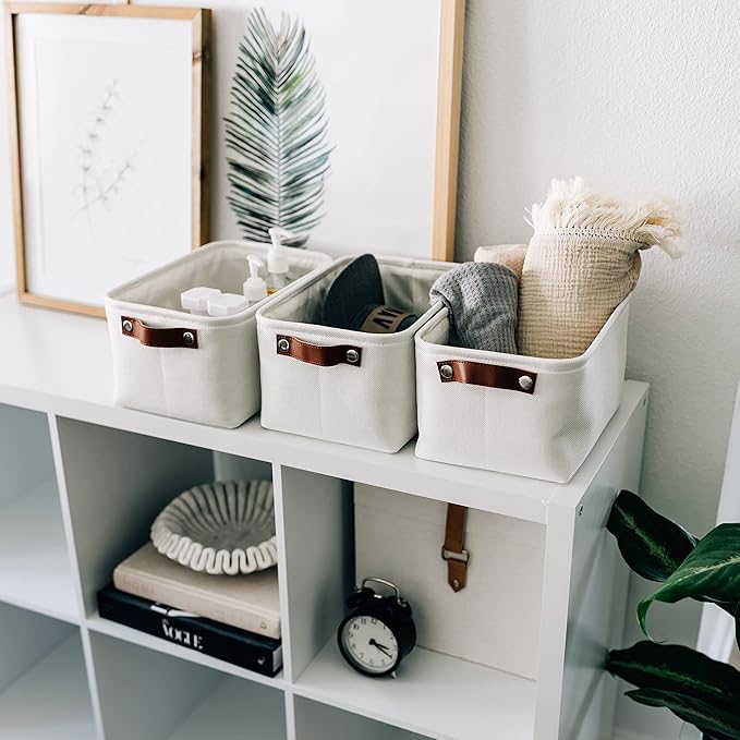 OrganiHaus 12x8in Canvas Storage Baskets 6 Pack | SMALL Fabric Bins for Shelves | Pantry & Bathroom Organizer | Full Off-White
