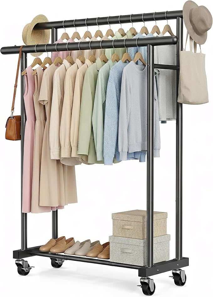 ViviDreamore Double Rods Clothes Rack, Rolling Clothing Rack for Hanging Clothes, Heavy Duty Metal Garment Rack, Multifunctional Coat Rack for Bedroom Laundry Living Room, Black