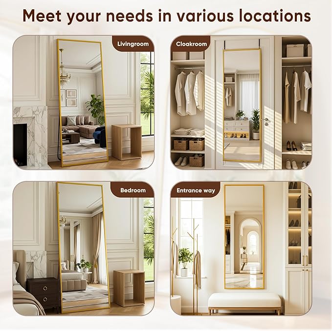 Antok 48''x 14'' Full Length Mirror Over Door, 4-in-1 Standing Leaning Wall Mounted, Adjustable Hanging Mirror for Bedroom Living Room, Gold, Rect Corner