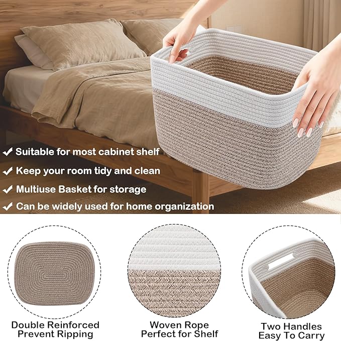 3 Pack Woven Rope Storage Baskets for Shelves,13.5"×11"×9.5" Storage Bins with Handles,Empty Gift Baskets,Nursery Organizer for Toys,Towels,Books,Closet,Living Room,Bedroom (White & Brown)
