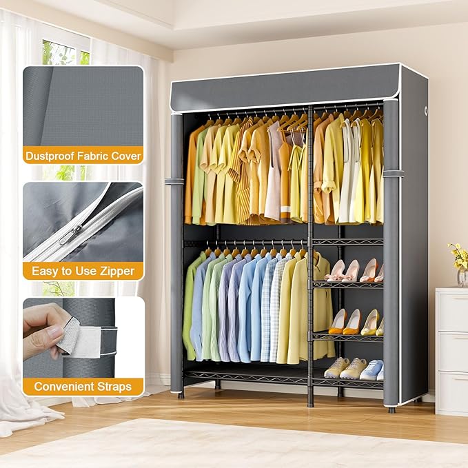 ULIFHOME F2C Clothes Rack with Cover, Clothing Racks for Hanging Clothes, Heavy Duty Garment Rack with Shelves and Hanger Rods, Black Closet with Gray Cover, 47.2" W x 16.5" D x 78.3" H, Load 630lbs