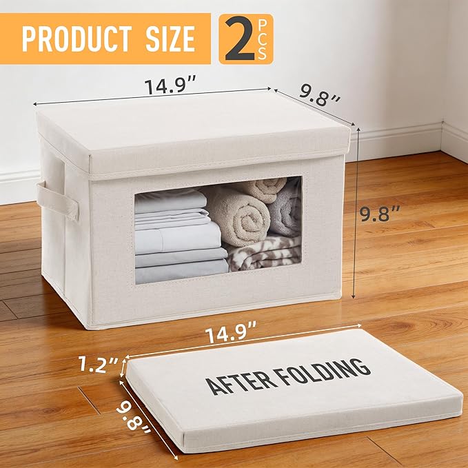 2-Pack Collapsible Storage Bins with Lids, Linen Fabric Foldable Storage Boxes, Cube Closet Organization for Clothes, Blankets, Books, Beige