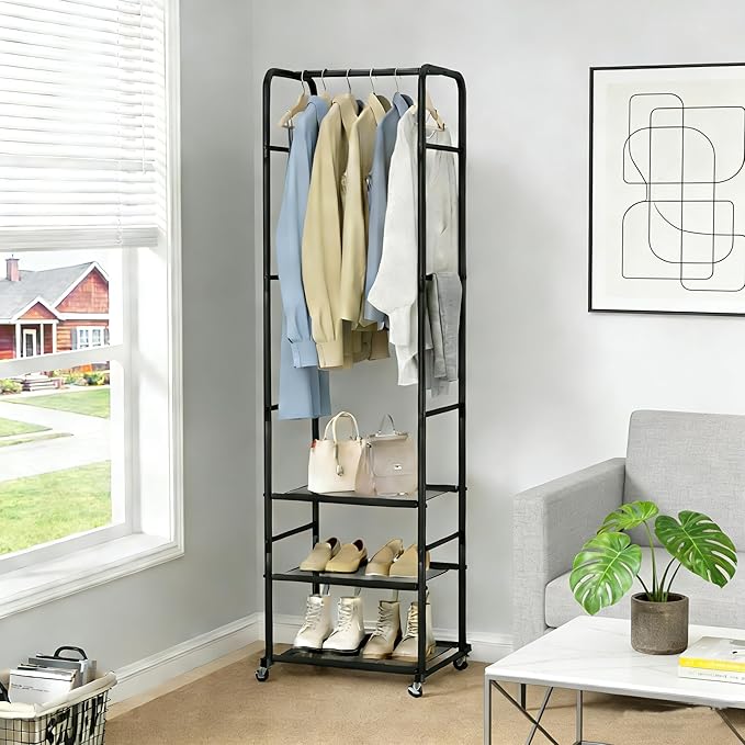 Easi 72" Tall Small Clothes Rack for Small Space, Narrow Rolling Garment Rack with 3-Tier Vinyl Shelves, Lightweight Stable Clothing Rack for Apartment, Bedroom, Laundry Room & Dorm, Black