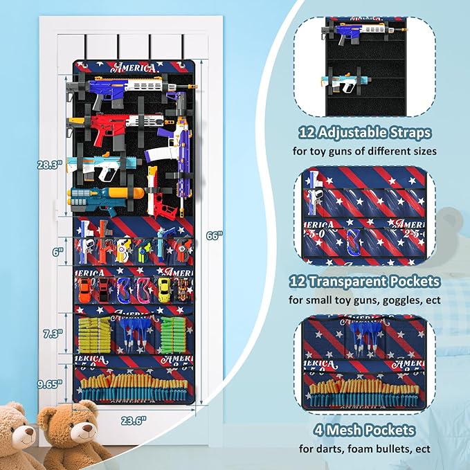 Over Door Toy Gun Storage, Hanging Organizer for Toy Guns, Toys Organizer with Pockets, Hook&Loop Straps for Foam Blasters, Darts, Goggle, Toys Storage Door Hanger for Kidroom, Gameroom