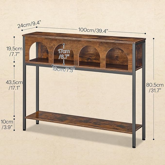 HOOBRO Modern Console Table, Entryway Table with 3-Tier Storage, Narrow Sofa Table Behind Couch with Arched Design for Living Room, Entrance, Hallway, Rustic Brown and Black BF106XG01