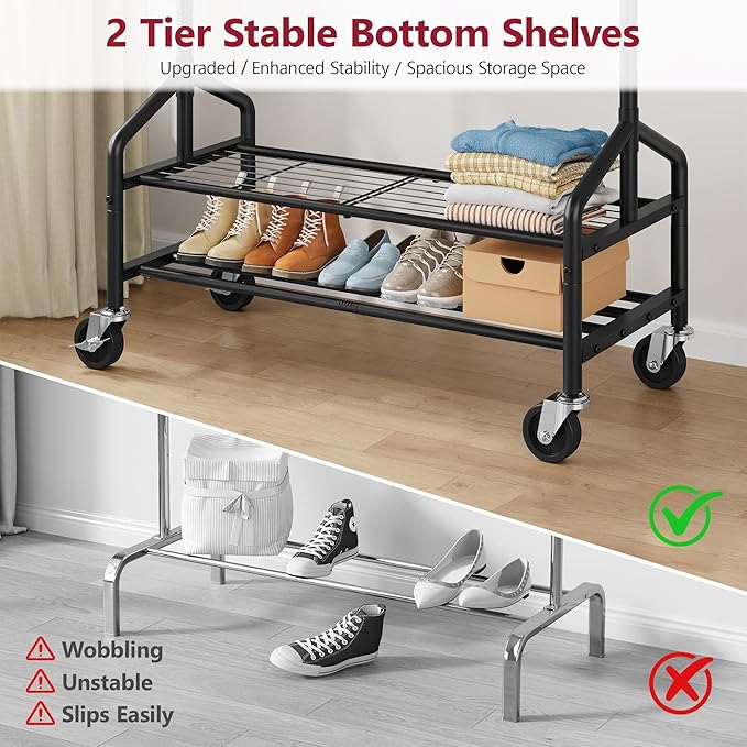 Tajsoon Clothing Rack Load 350 LBS, Metal Clothes Rack with Double Layer Shelves, Adjustable Garment Rack for Hanging Clothes, Heavy Duty Portable Rolling Rack, Black