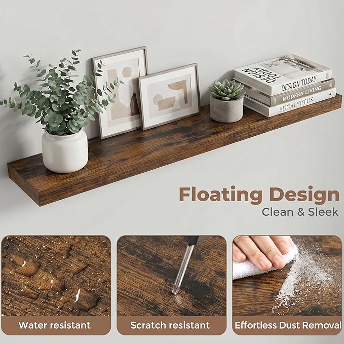 Venusmiles Floating Shelves for Wall, 40 Inch Floating Shelves Set of 2, 6.5" D Wooden Wall Mounted Display Shelves with Invisible Brackets for Living Room, Bedroom, Bathroom, Kitchen Decor, Brown