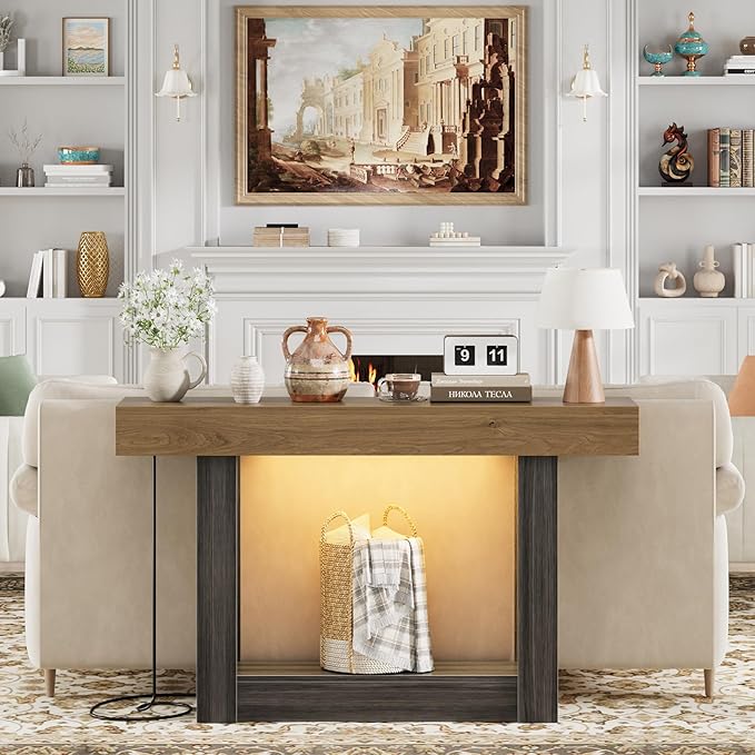 LIFECHOVY 47.2" Farmhouse Wood Entryway Table with Outlet, 2-Tier Console Table with Sensor Light Behind the Couch Sofa, Entrance Side Table for Hallway/Living Room/Foyer, Natural Oak&Grey