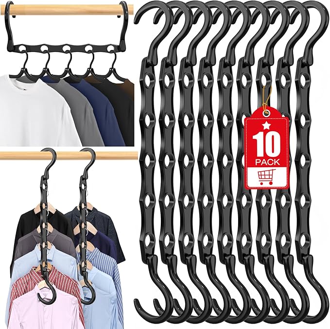 10 Pack Hangers Space Saving Magic Sturdy Plastic Hanger Organizer Shirt Space Saving Hangers, Multi Clothes Hangers Space Saver for Closet Organizers Storage College Dorm Room Essentials, Black