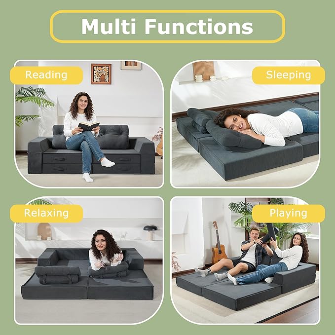 Folding Sofa Bed, 4 in 1 Convertible Sleeper Chair with Pillow, Loveseat Memory Foam Fold Out Chair Bed, Modern Floor Futon Sofa Couch Mattress for Living Room/Guest/Apartment, Black Grey | Compressed sofa